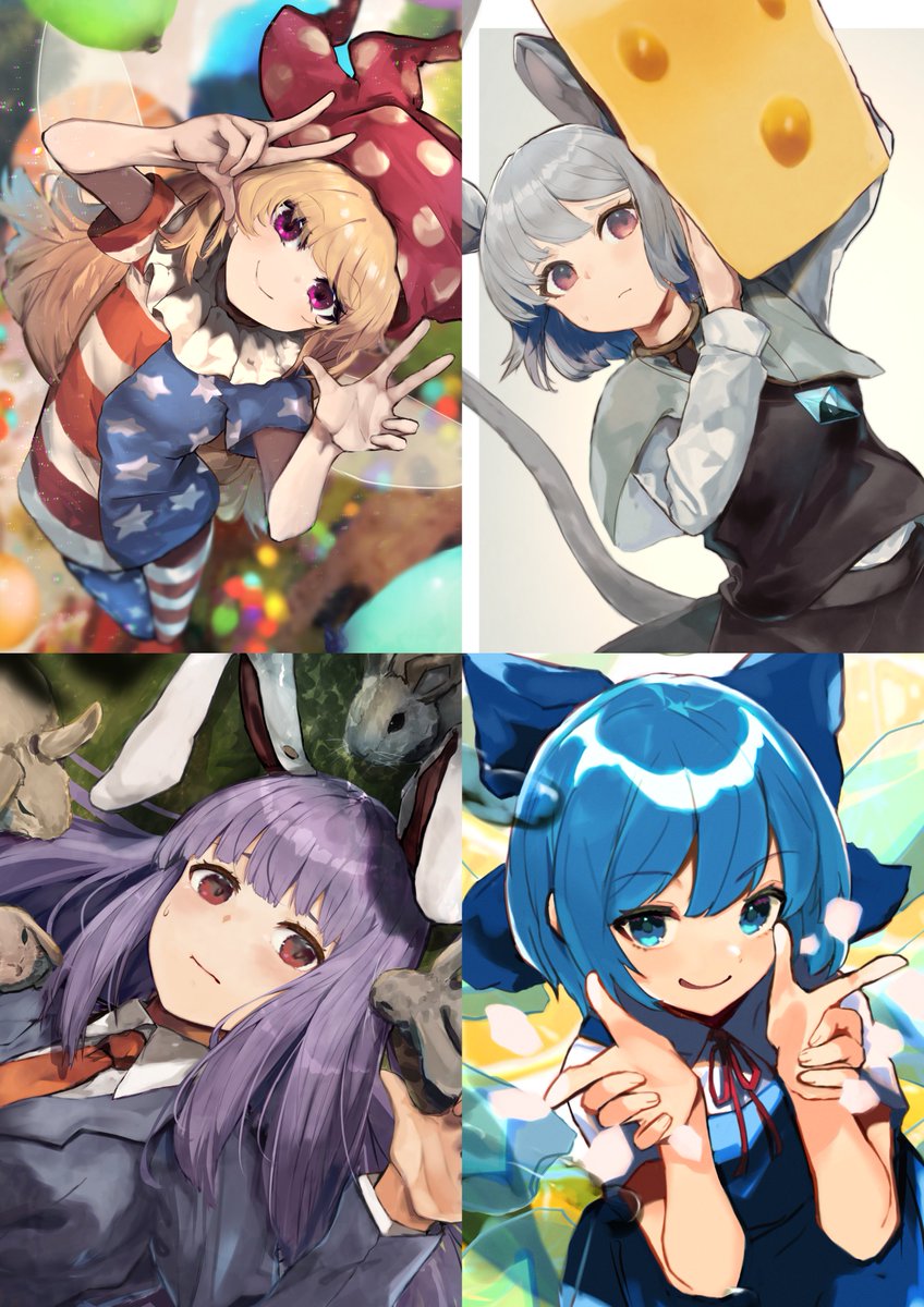 cirno ,clownpiece ,nazrin ,reisen udongein inaba multiple girls american flag dress jester cap animal ears mouse ears american flag legwear blue eyes  illustration images