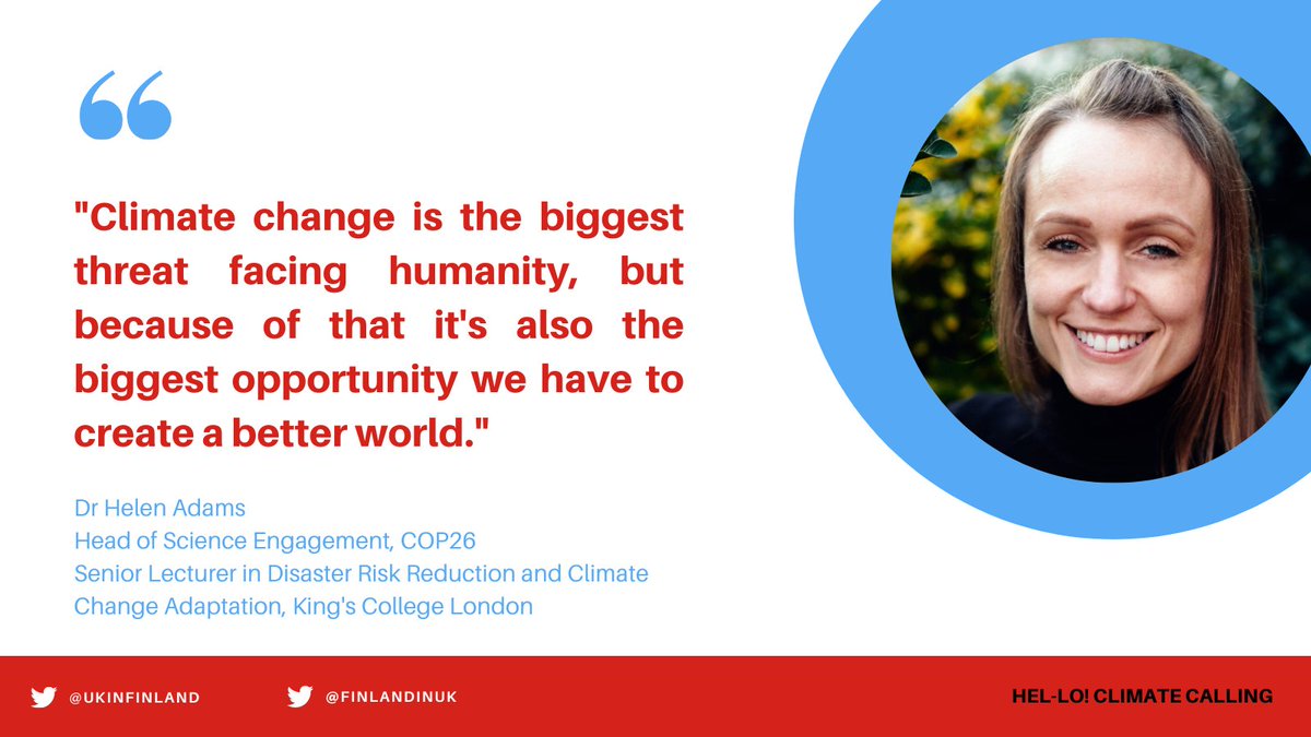 ukinfinland's tweet photo. The second season of #HelloClimateCalling wraps up with a look to the future: @helenjadams @KingsCollegeLon discusses transformational #climatechange #adaptation & empowering communities. ๐
Listen to the full episode ๐ง https://t.co/usNW09iZTu
@finlandinuk #COP26 https://t.co/gqdNtmTPfT