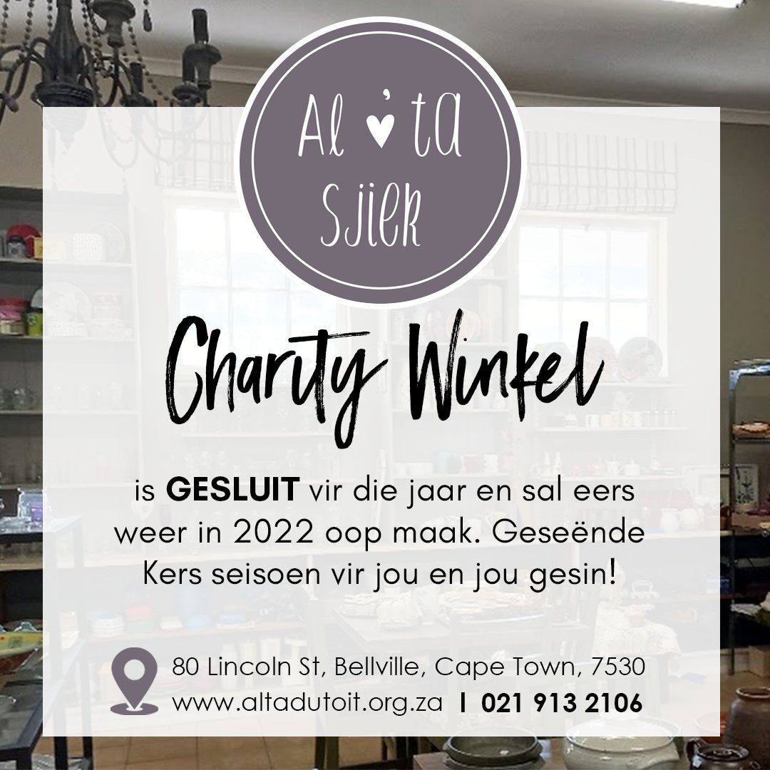 // Alta Sjiek Charity Winkel //

👉 Neem asseblief kennis dat ons Charity Winkel gesluit het vir die jaar en sal weer in 2022 oop maak. ✨

#altadutoit #altadutoitsentrum #altasjiek #charitywinkel #altadutoitcharitywinkel #onsistoe #altadutoitkaapstad #altadutoitboston