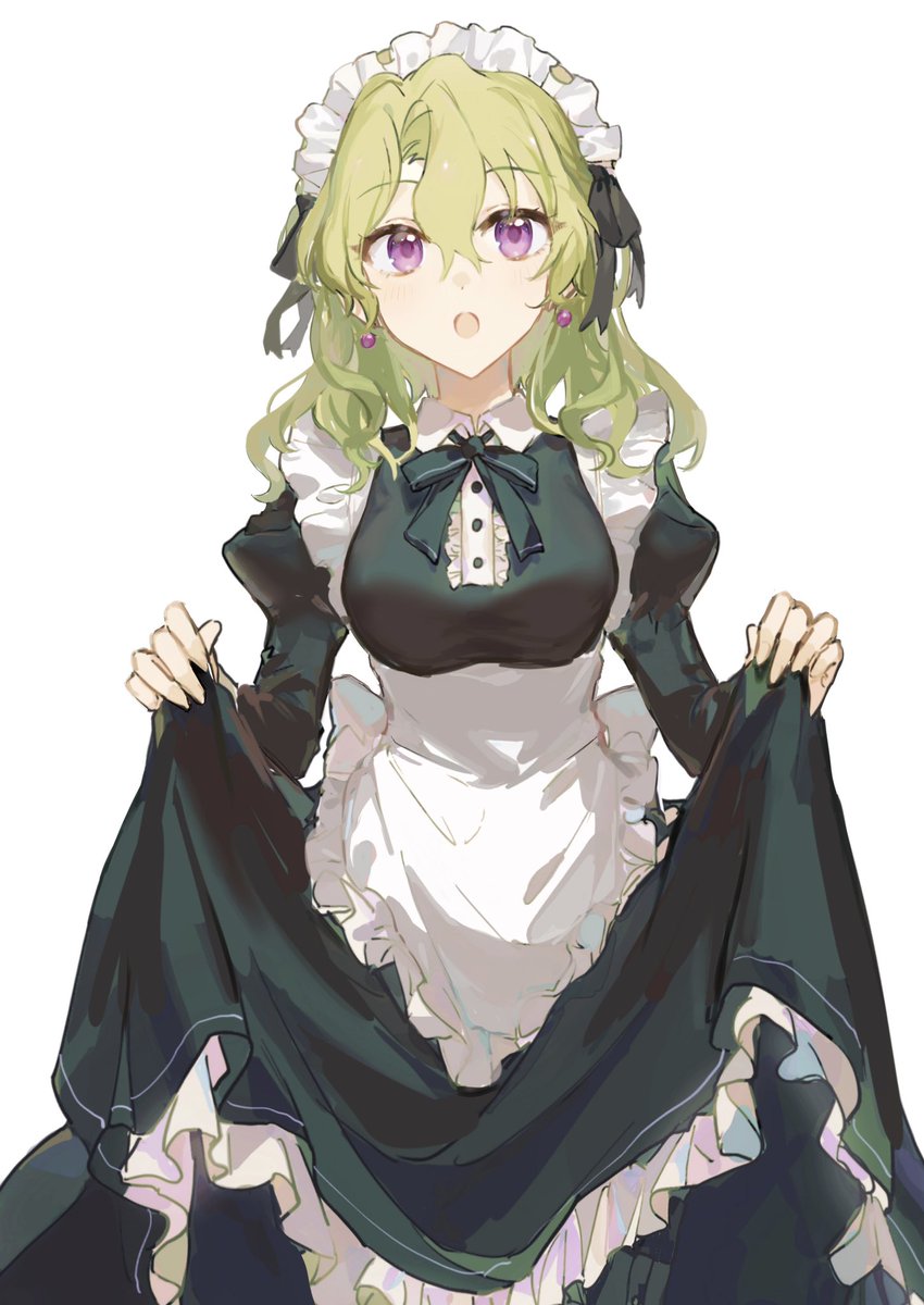 1girl solo maid maid headdress purple eyes green hair apron  illustration images