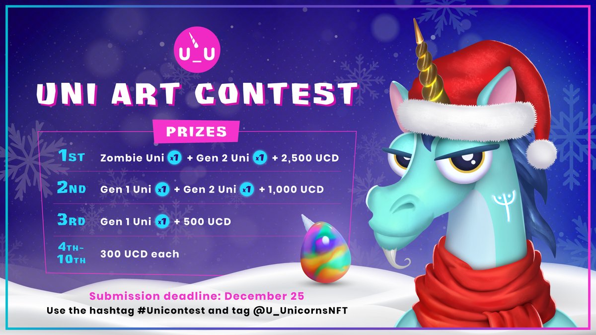 U_UnicornsNFT's tweet photo. Launching our first ever Uni Art contest as the Holiday Season nears 🎅
🦄 WINNER of our first Uni Art contest gets: 1x Rare Zombie Uni + 1x Gen 2 Uni egg + 2500 $UCD
🦄 Unis + $UCD rewards for 2nd - 10th
Remember to mention @U_UnicornsNFT and hashtag #Unicontest!
#U_Uforall https://t.co/3sG6ZL2E9g