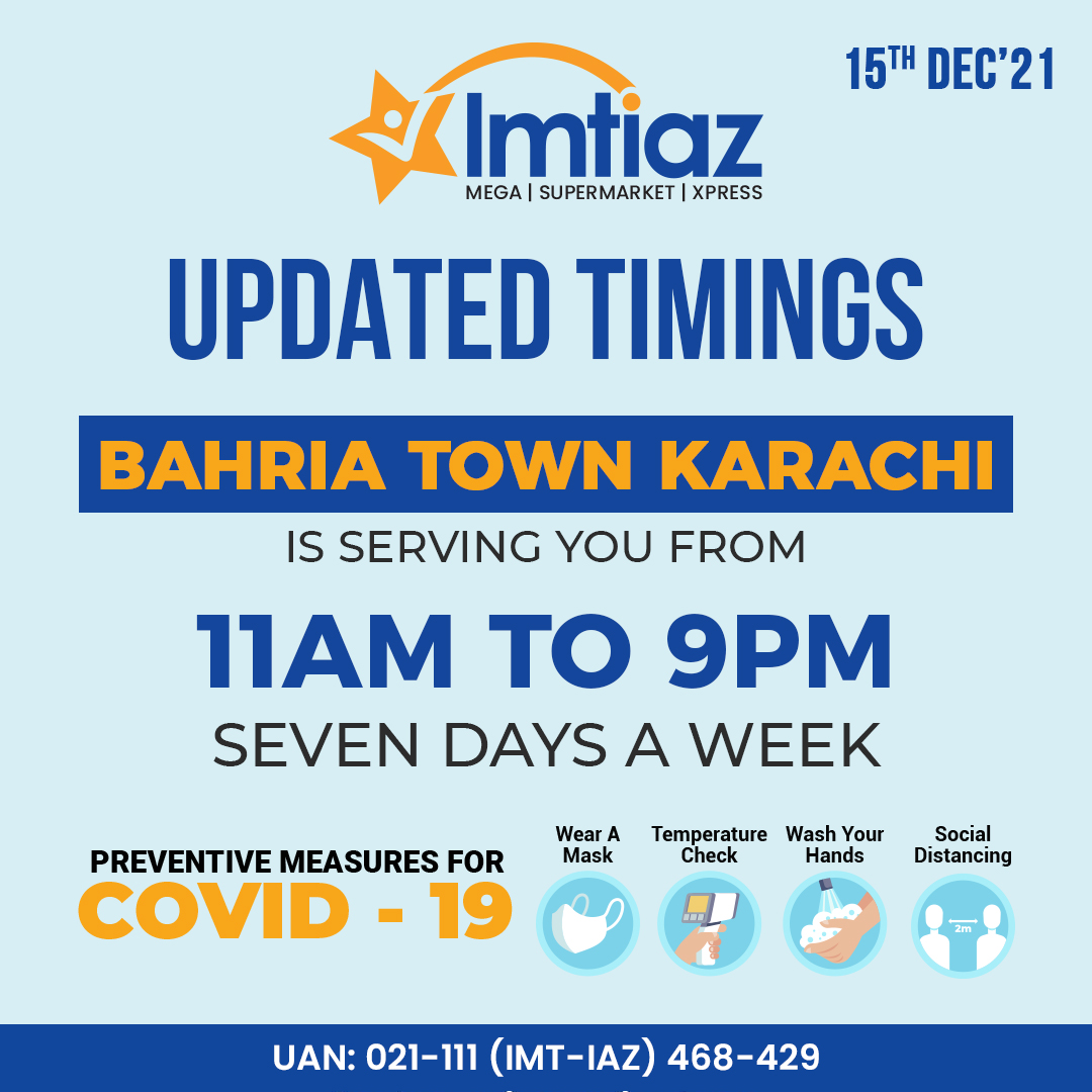 imtiazstores's tweet photo. Imtiaz Store Bahria & Bahawalpur will now serve you well during our updated hours💙🧡 So shop conveniently as much as you want and don’t forget to follow Covid-19 SOPs😷
#ImtiazStores #UpdatedTimings https://t.co/3PQb1IEC3L