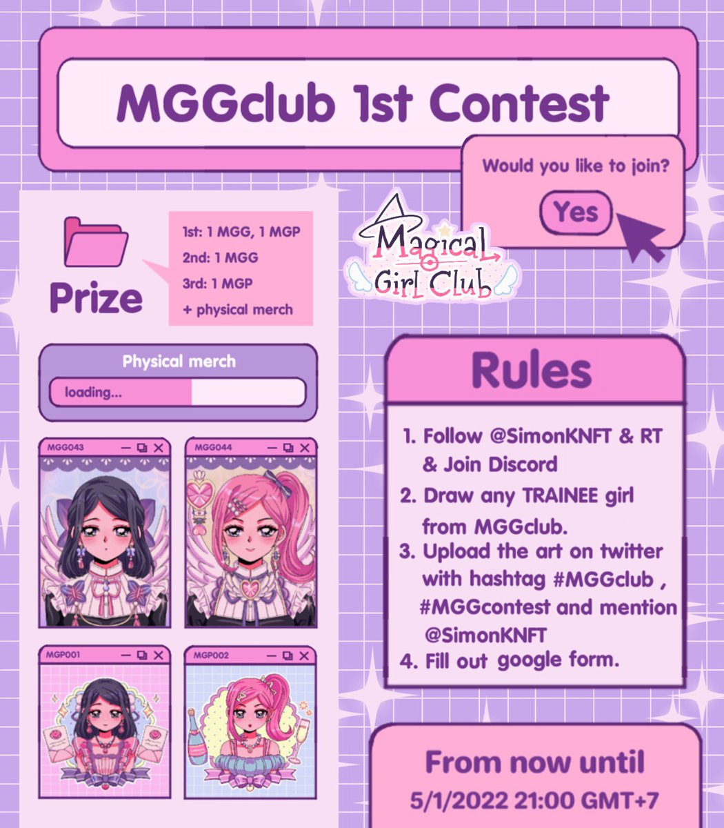 SimonKNFT's tweet photo. 🔮Magical Girl Club 1st Contest
Hashtag: #MGGcontest

The very first contest of #MGGclub collection is currently open! Everyone are welcome to join.

💖Read full detail here —> https://t.co/CneUwLJPux

MGG Web: https://t.co/vdBFrjK3dx
#NFTcontest #NFTGiveaway #NFTs #NFTcollection https://t.co/8gU0H6ewQB