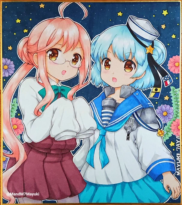 ご依頼で大きい色紙に巻雲ちゃんと
サミュエル・B・ロバーツちゃん
を描かせていただきました☺️
ありがとうございました❤️
 #艦これ  #巻雲  
 #サミュエル・B・ロバーツ 