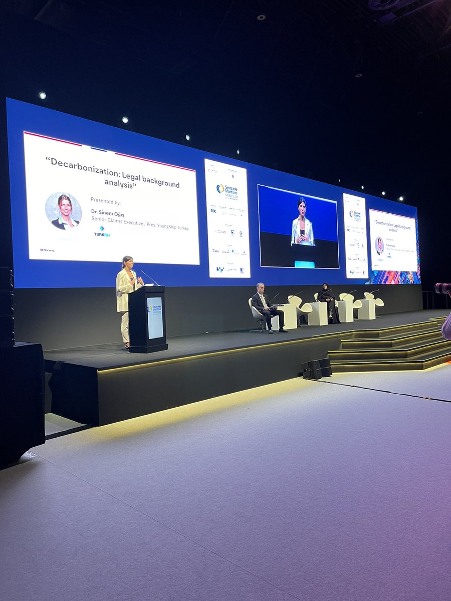 Seatrade's tweet photo. 📍On stage now in the Keynote Theatre: Dr. Sinem Oğiş; Senior Claims Executive/President; Turk P&amp;I / YoungShip Turkey

As part of “The green shift in the maritime” - Sustainable Oceans Forum at #STMME

Watch this session online via our Online Event Portal: https://t.co/XZWdiIxJ5O https://t.co/lrF93rnCRq