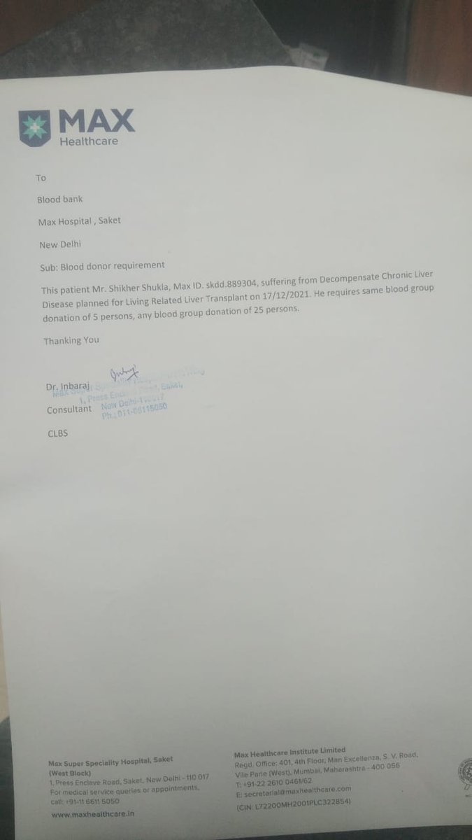 BolengeHam's tweet photo. Shikher Shulka's liver transplant has been scheduled at 17.12.21. He needed 25 units of blood. 5 units has been arranged by family. He needs 20 more units (any BG).
Contact No: 07007265733
@srinivasiyc @ArvindKejriwal @MoHFW_INDIA @WHO @DMSouthDelhi @NileshDhotre18 @ravishndtv https://t.co/dmAa2tHaZw