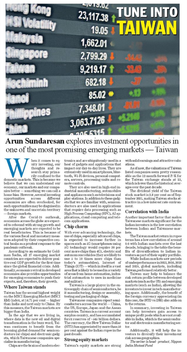 Bhushan Parab (@bhushan0110) on Twitter photo Read how Taiwan can help investors gain access to unique profit pools which are not available in India.
<a href="/ArunSundaresan1/">Arun Sundaresan, CFA</a>, Head - Product, <a href="/NipponIndiaMF/">Nippon India Mutual Fund</a> in an authored article for <a href="/ttindia/">The Telegraph</a> explores investment opportunities in one of the most promising emerging markets - #Taiwan Read how Taiwan can help investors gain access to unique profit pools which are not available in India.
<a href="/ArunSundaresan1/">Arun Sundaresan, CFA</a>, Head - Product, <a href="/NipponIndiaMF/">Nippon India Mutual Fund</a> in an authored article for <a href="/ttindia/">The Telegraph</a> explores investment opportunities in one of the most promising emerging markets - #Taiwan