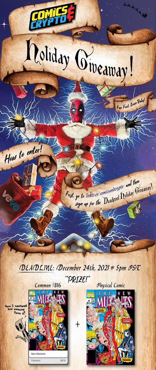 ComicsandCrypto's tweet photo. We’re having a Deadpool Holiday Giveaway worldwide! One lucky winner will be given a physical comic +@veve_official low mint NFT of New Mutants 98. The winner will be announced Christmas Day! Entries close 12/24 @ 5pm PST. Sign up now through our linktree: https://t.co/mMETPNMVNS https://t.co/ZEtQacnJvr