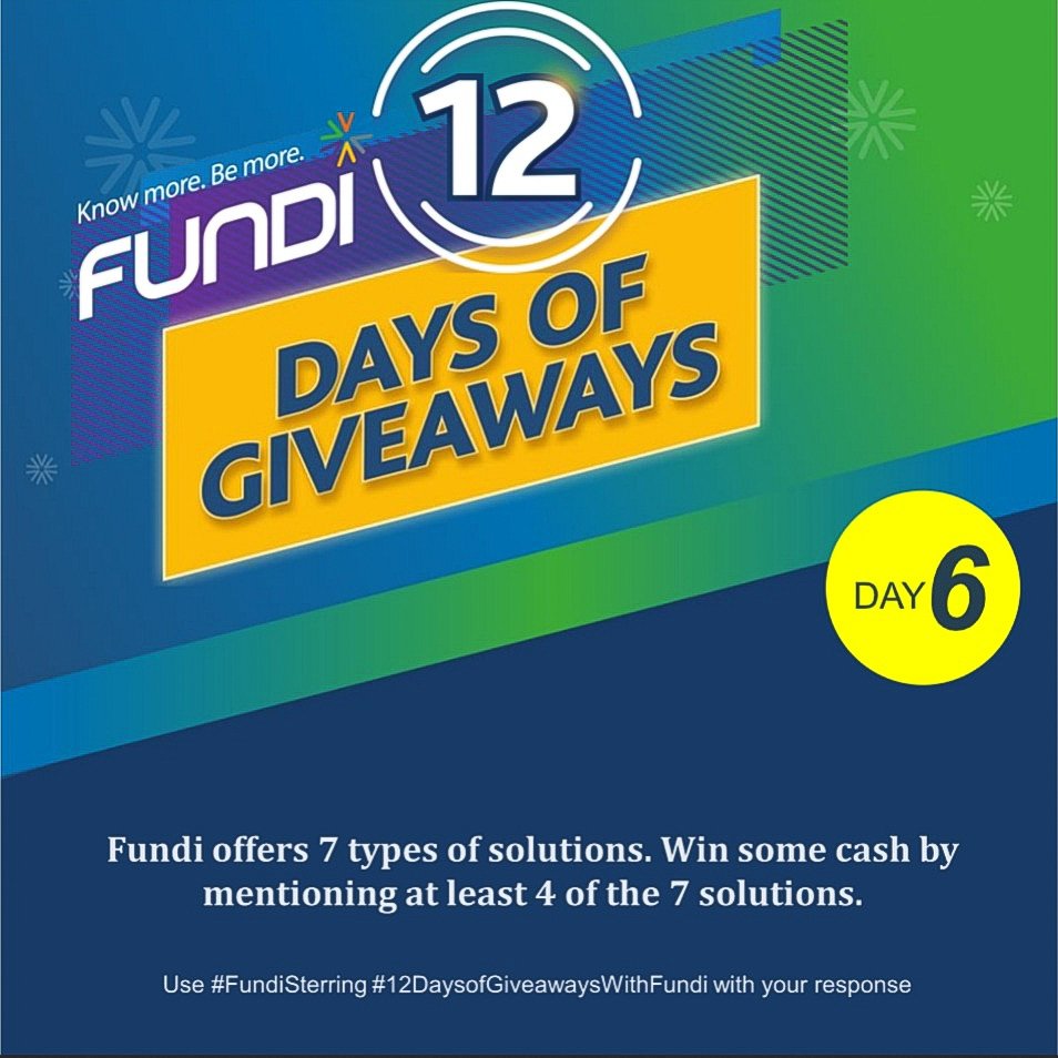 Official_FUNDI's tweet photo. GIVEAWAY #6
 
Fundi offers 7 types of solutions. Win some cash by mentioning at least 4 of them. Mentioning all 7 gives you an extra entry 😉

Use the hashtags #12DaysOfGiveawaysWithFundi #FundiSterring 🥳🥳 https://t.co/hhmkDsMC9n