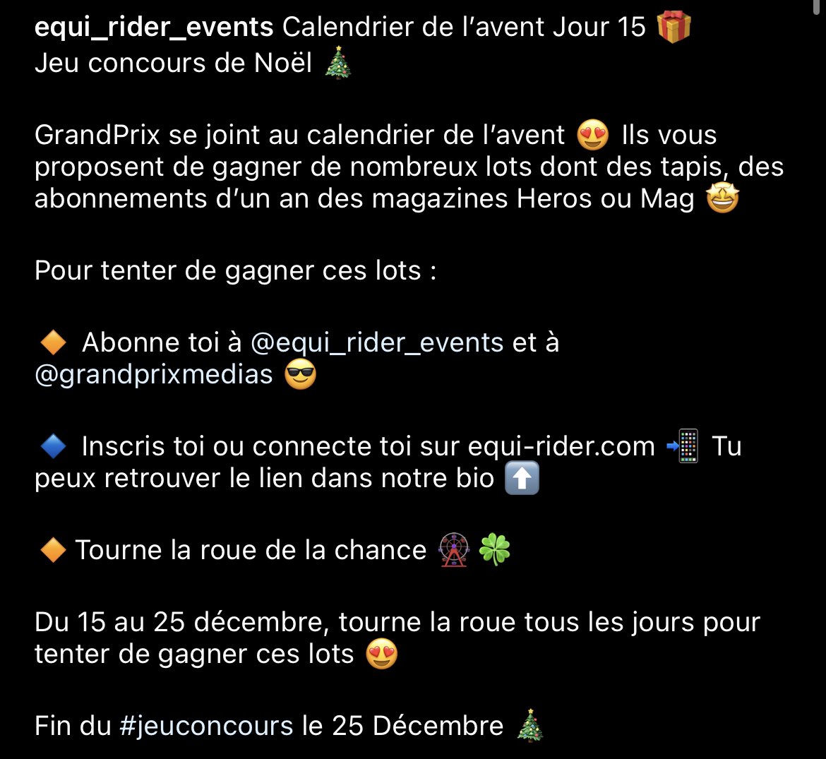 Calendrier de l’avent Jour 15 🎁
Jeu concours spécial pour ce milieu de mois de décembre 😍

Tourne la roue de la chance sur equi-rider.com et tente de gagner des supers lots GRANDPRIX 🎡

#calendrierdelavent #Noel #jeuconcours #Giveaway #calendrierdelavent2021 #horse