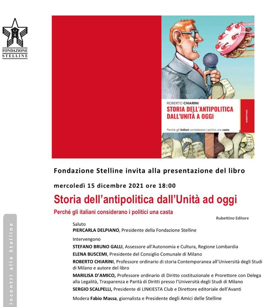Oggi interverrò all'evento dal titolo "Storia dell'antipolitica dall'Unità a oggi" alla <a href="/F_Stelline/">Fondazione Stelline</a>.
Vi aspetto questa sera alle 18!