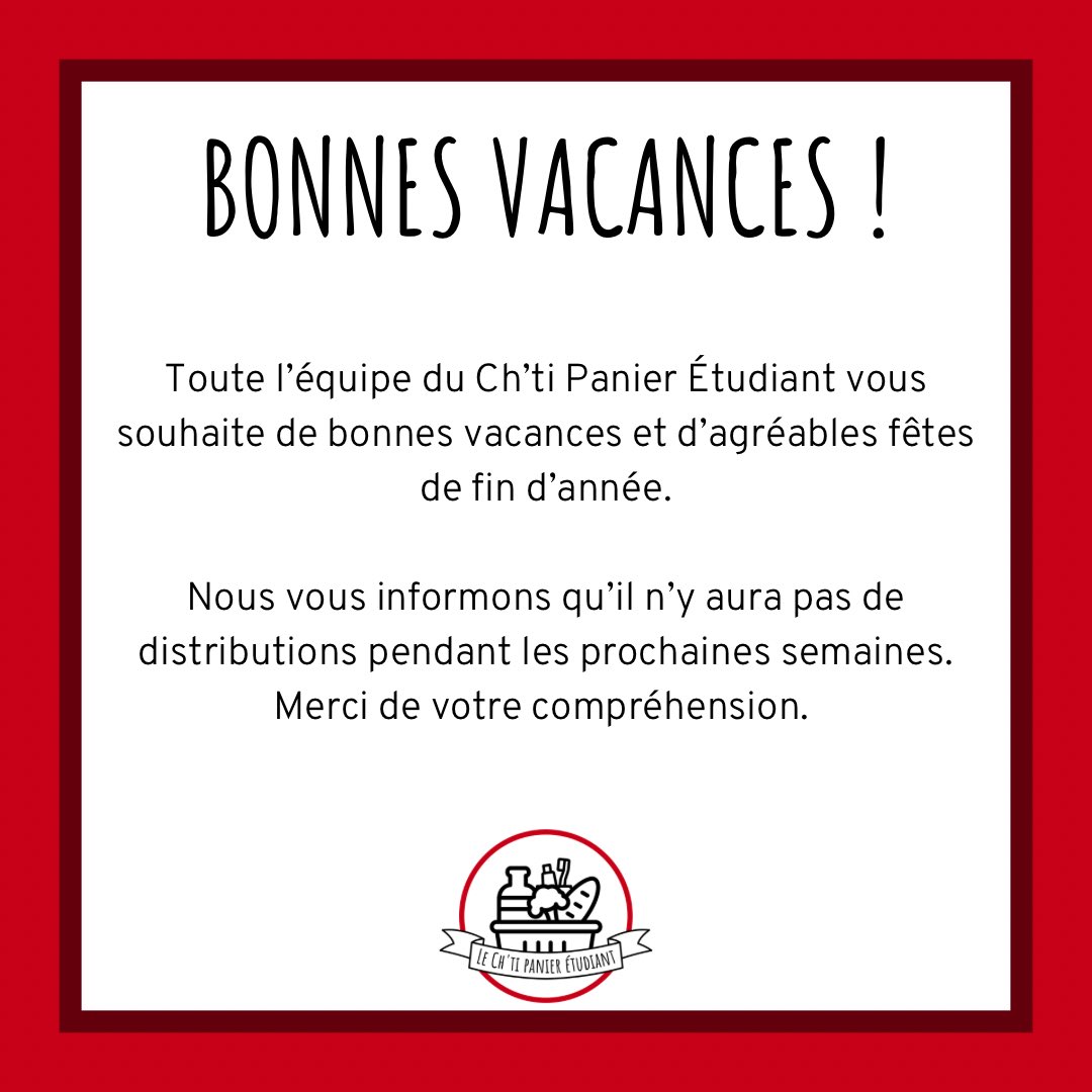 LeChtiPanier's tweet photo. 🚨 Nous vous informons qu’il n’y aura pas de distributions pendant les prochaines semaines.

✨ Nous vous remercions pour votre compréhension et vous souhaitons de bonnes fêtes de fin d’année ! https://t.co/3cFJAlTvY8