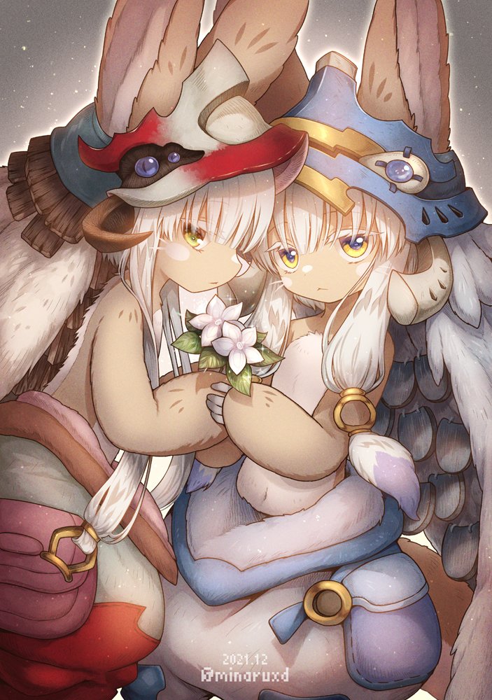 nanachi (made in abyss) animal ears furry flower yellow eyes looking at viewer holding puffy pants  illustration images