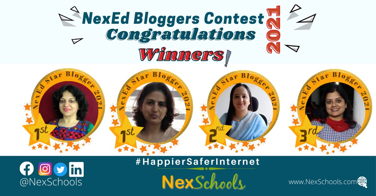 Nexschools's tweet photo. Congratulations to all the participants & #Winners of the NexEd Bloggers #Contest 2021. See all the winning blogs here https://t.co/Lxb3HRC1Gd
1st -@vineetagarg123 & @GunjanTomar7
2nd -Iqbal Kaur Rana
3rd-Mona Bhartia
#edublogs #blog #NexSchools #contest #NexEdBloggers https://t.co/gkUjsVWwvL