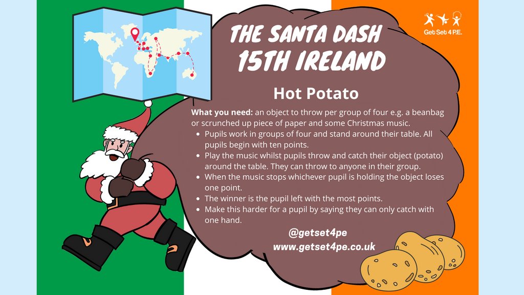 GetSet4Ed's tweet photo. It's the 15th December!!! Santa is in Ireland. Wow those potatoes are hot #TheSantaDash #ActiveAdvent🇮🇪🥔 https://t.co/DoY8jbeTfl
