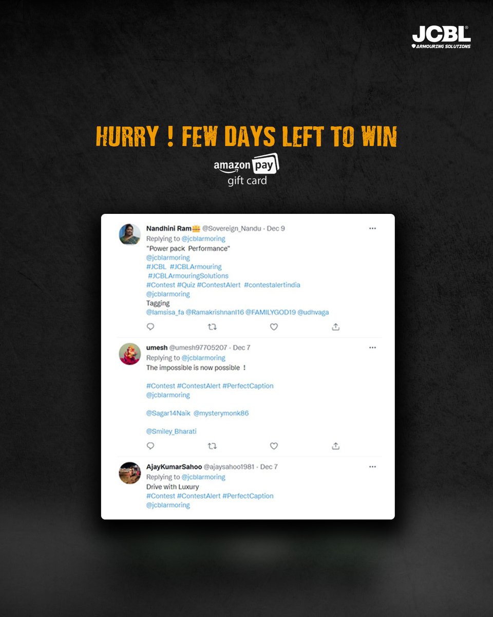 jcblarmoring's tweet photo. Our latest contest is witnessing a large number of participants. Are you sure you are one of them?
Hurry! Only last few days left till it ends.
Participate by visiting the link below ⬇️
https://t.co/7flklKWc4J
#contests #Quiz #ContestAlert #ContestAlertIndia #perfectcaption https://t.co/v3qGpbXdPq