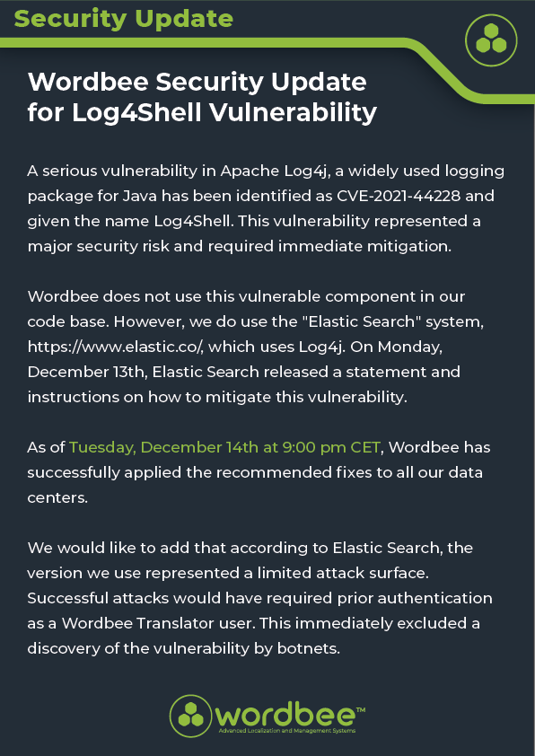 Wordbee's tweet photo. We believe #security in #cloudbasedsoftware is essential, which is why we acted quickly in response to the #Log4Shell vulnerability and mitigated any risk for our users. 

#L10n #languagetechnology #T9n #TMS #translation #localization #localisation #elasticsearch #log4j https://t.co/QdjTdpYdJT