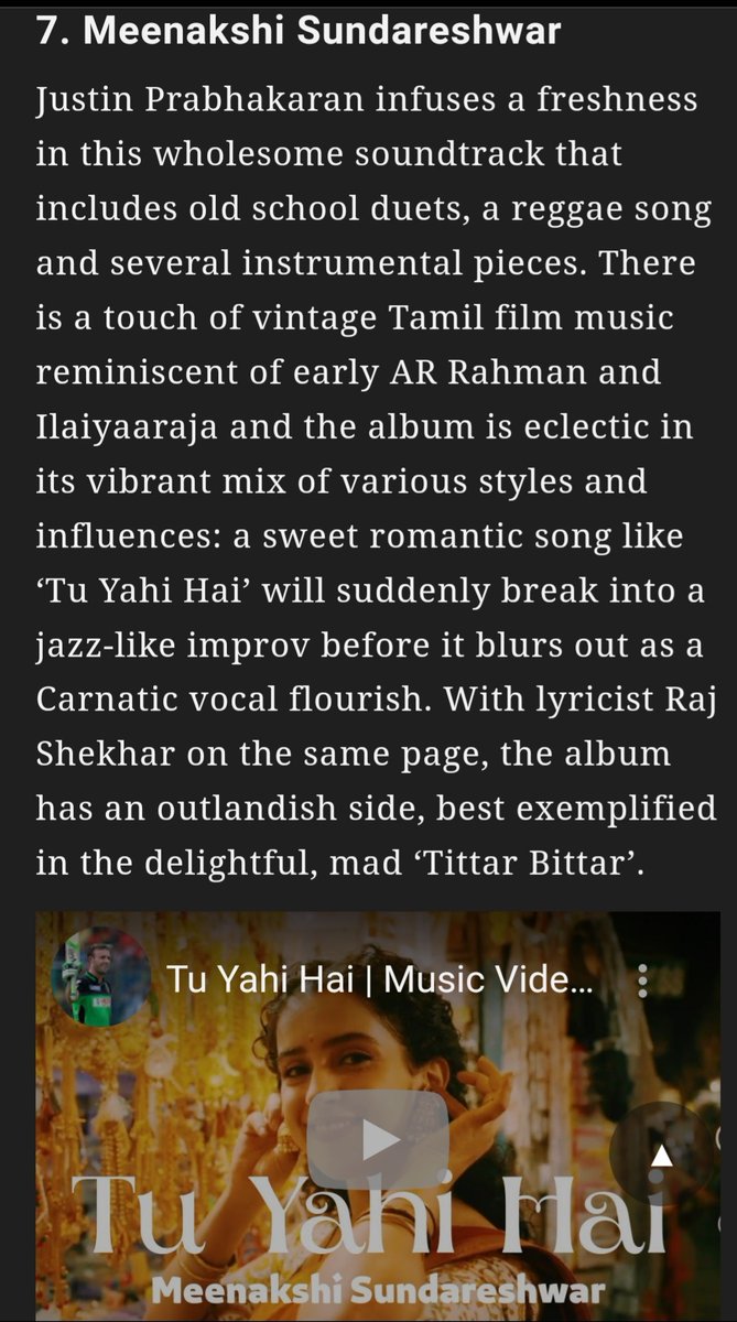 #ParamSundari #TereRang and #MeenakshiSundareshwar finds it's place in 'Best Hindi Film Music of 2021' list by @FilmCompanion 

@arrahman @shreyaghoshal rocks..

Special love for @justin_tunes music 🥰