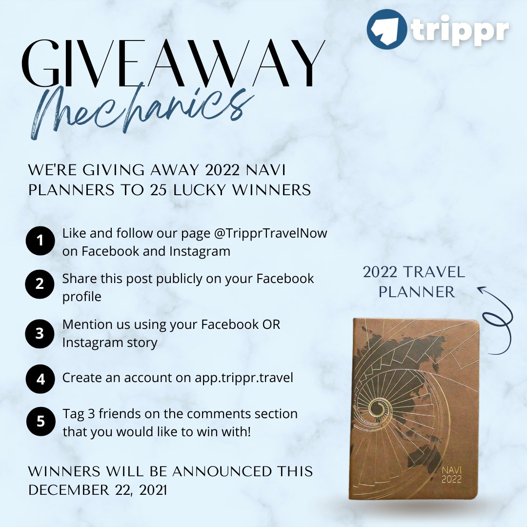 TripprTravelNow's tweet photo. We’re kicking off the last days of 2021 with an exciting #giveaway for all of you! 🙌🤩

We're giving away 2022 Travel Planners to 25 LUCKY WINNERS! ✨

Check out the full mechanics here: https://t.co/ia2QcBXiem https://t.co/08cVjxpnEi