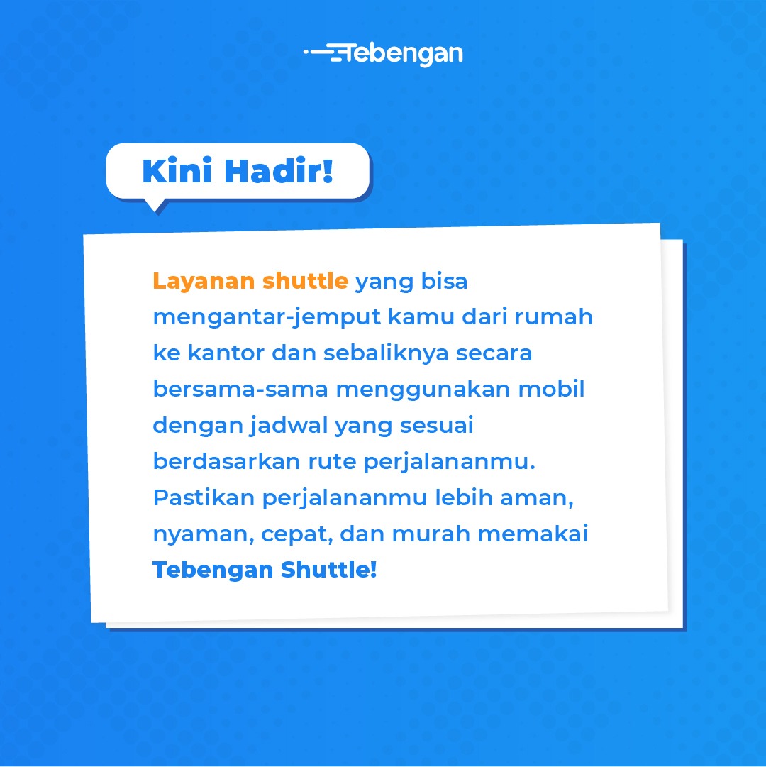 Tebengan_ID's tweet photo. APA ITU TEBENGAN SHUTTLE?

Tebengan dengan menghadirkan layanan baru berupa shuttle untuk kamu para pekerja kantor sebagai solusi antar-jemput ke kantor di era new normal.

Coba absen, siapa yang sering merasa ribet naik kendaraan umum kalau pergi/pulang dari dan ke kantor? 🙌 https://t.co/hCPKqpBRNI