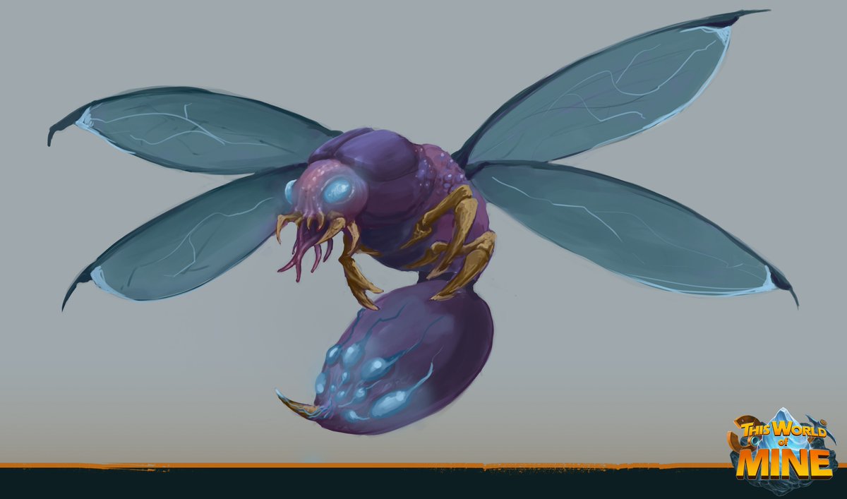 twomgame's tweet photo. This is an early concept piece of what dangers you might face while mining! ⛏️ 

The wasp is glowing with the mutating power of TEG that over the years has twisted it to what you can see now! 🔹 

#NFTgame #NFTart https://t.co/tS1SKyA0rL