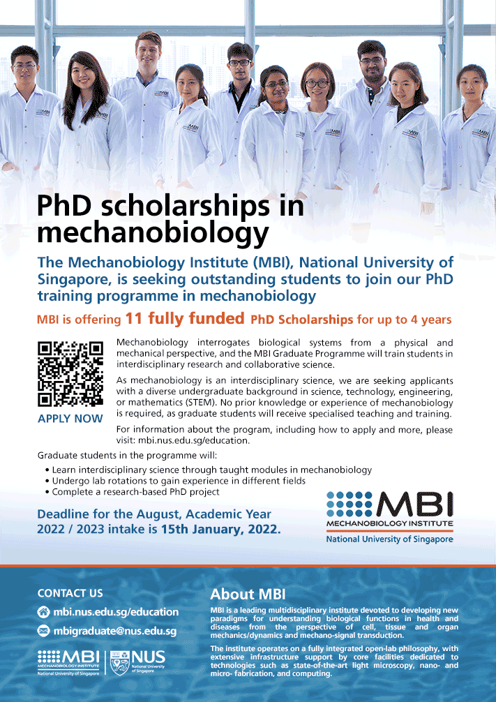 Yusuke Toyama (@yusuke_toyama) on Twitter photo PhD scholarship alert! 📢
Mechanobiology Institute, Singapore <a href="/MBIsg/">Mechanobiology Institute</a>, offers 11 fully-funded PhD scholarships for the August 2022 intake. Apply by 15 January 2022!
For more detail, visit
mbi.nus.edu.sg/education/grad… PhD scholarship alert! 📢
Mechanobiology Institute, Singapore <a href="/MBIsg/">Mechanobiology Institute</a>, offers 11 fully-funded PhD scholarships for the August 2022 intake. Apply by 15 January 2022!
For more detail, visit
mbi.nus.edu.sg/education/grad…