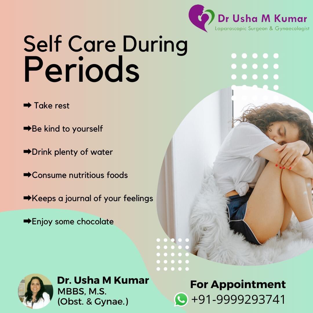 DrUshaMKumar's tweet photo. Self care during periods:

➡Take a rest

➡Be kind to yourself

➡Drink plenty of water

➡Consume nutritious foods

➡Keeps a journal of your feelings

➡Enjoy some chocolate

#Periods #PeriodsPain #HappyPeriod  #PeriodsCare #Gynecologist #VaginalDischarge #Gynecology https://t.co/jTyh3tUAmo