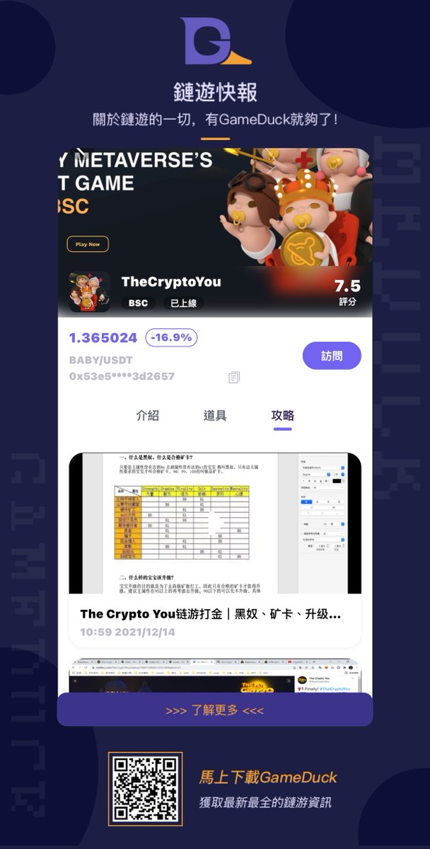 GameDuckyo's tweet photo. 🦆Babyswap-TheCryptoYou card trading is now available on GameDuck,

0 transaction fee for trading cards! 
More gold strategy guides are being updated continuously!
#BABY #NFT #GameFi

Welcome to Trade Your Card！

Download link: [https://t.co/7pYcecoXOX] https://t.co/IMmugrhQ0I
