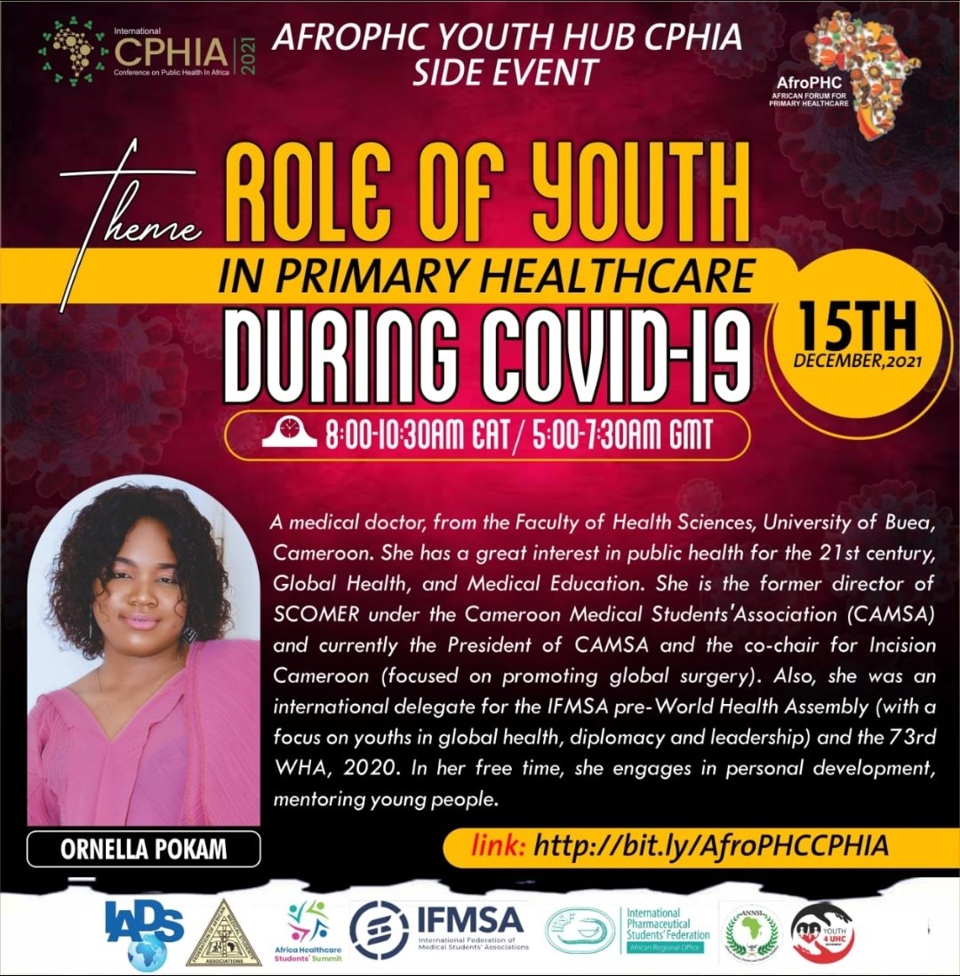 OpFeunou's tweet photo. Youths Engagement should rise more than ever before in shaping the New Order of #publichealth grounded on PHC by equipipping them with Knowledge,Skills,Values to develop innovative solutions to Promote Health,Prevent Diseases,Policy Making for Resilient Health Systems.
#CPHIA2021 https://t.co/dnC2VPWDWG