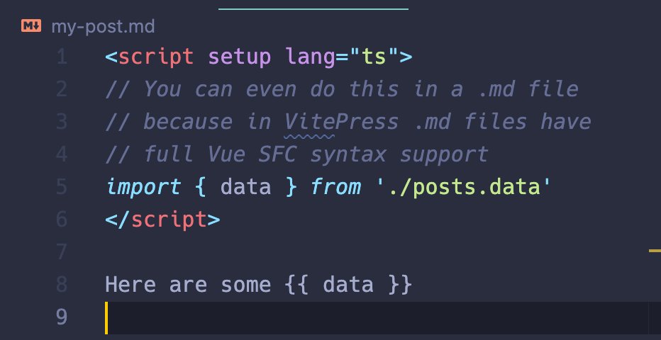 Added a "static data file" feature to VitePress...
A bit like Next's `getStaticProps()`, but with full HMR support (even updates when new files matching the watch glob are added/removed).