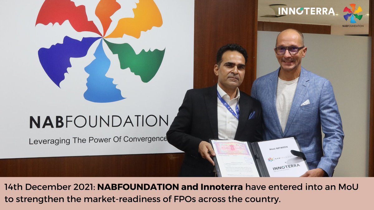 NABFOUNDATIONIN's tweet photo. On 14th December 2021, @NABFOUNDATIONIN and Innoterra signed an MoU to strengthen the market-readiness of FPOs across the country.
Stay tuned for updates!
#agriculture #Farmers #farmerproducerorganization #Marketing #nabard #nabfoundation #NFnews https://t.co/xpBJdcXDs1