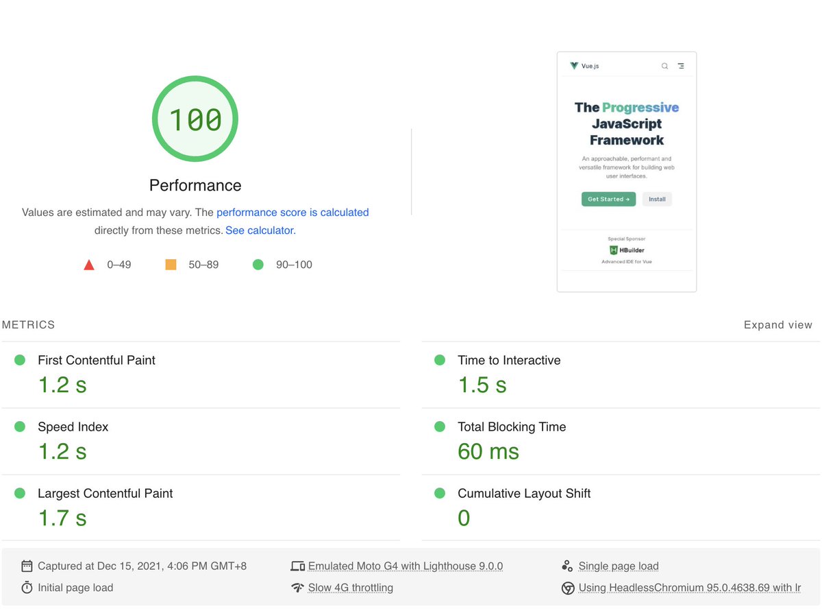 youyuxi's tweet image. Vue 3 with &quot;shell hydration&quot; via VitePress.

Fully interactive SPA after load, but with 100 perf score on emulated Moto G4 w/ 4x CPU slowdown over slow 4G.
