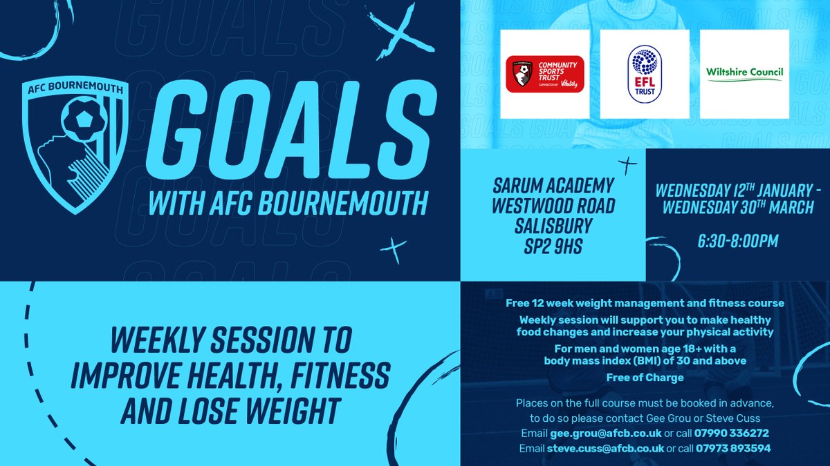 We're still recruiting men and women to take part in the next GOALS programme in #Salisbury, starting in January 

📧 gee.grou@afcb.co.uk or steve.cuss@afcb.co.uk to sign up! 

<a href="/Sport4Wiltshire/">ActiveWiltshire</a> <a href="/wiltscouncil/">Wiltshire Council #WiltshireTogether</a>
@EFLTrust