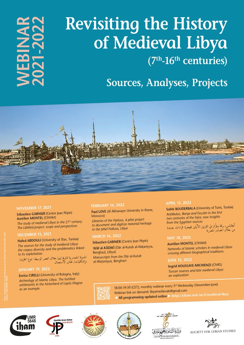 LibMed1's tweet photo. Tonight is Session 2 of our monthly webinar Revisiting the History of Medieval Libya. Hafed Abdouli (Sfax University, Tunisia) will present in Arabic: "المدونة المصدرية لتاريخ ليبيا خلال العصر الوسيط: تنوع المخزون وإشكاليات/محاذير الاستعمال". libyemedievale@gmail.com https://t.co/hxGbAyBQFb