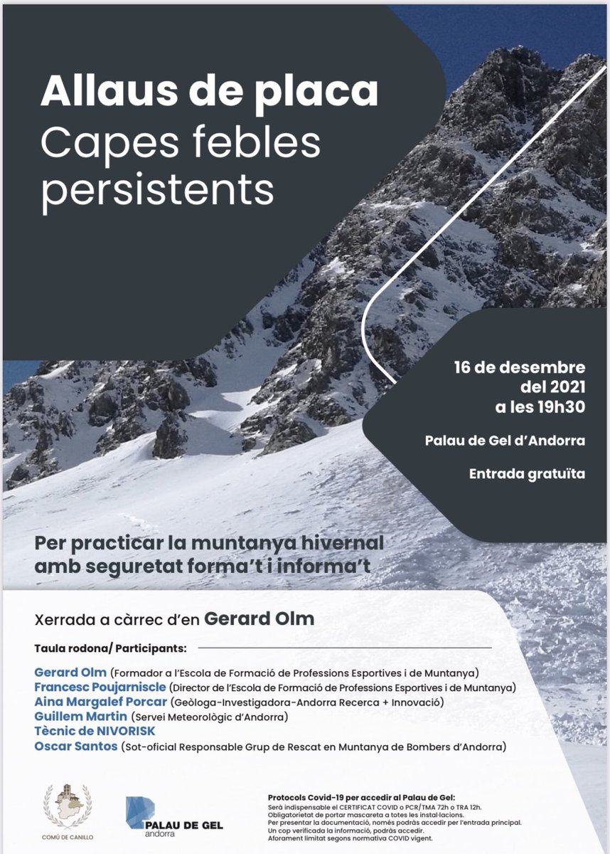Andorra_RI's tweet photo. 📅Demà dijous 16 de desembre xerrada "Allaus de placa capes febles persistents" a càrrec de @Gerard_Olm amb taula rodona on participarem activament junt amb @Bombers_GRM, @MeteoAnd_OECC, #nivorisk i #efpem. 

Més info a https://t.co/Fz0BXdeWw8 https://t.co/hGhtEqCwwf