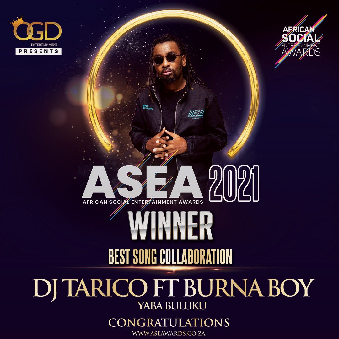 DjTarico's tweet photo. Thank you ASEA for the recognition BEST SONG COLLABORATION ✊🏾✊🏾✊🏾 https://t.co/ate7t5QTMG