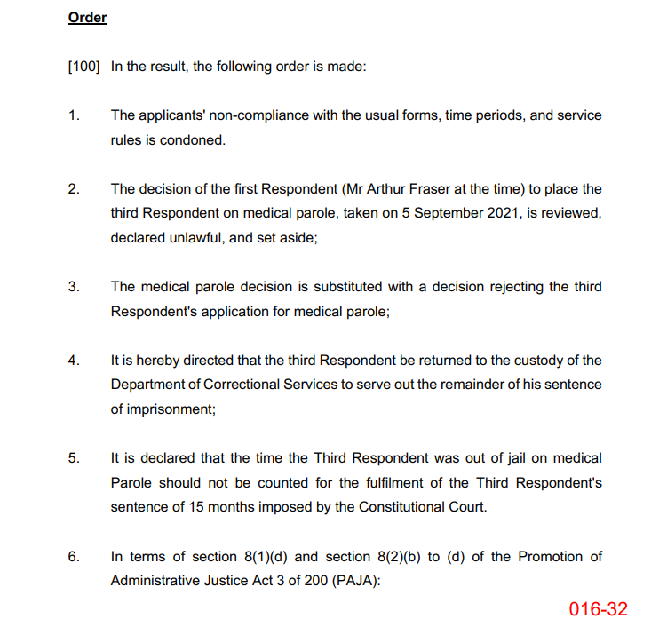 Here's the main order of the High Court's #JacobZuma ruling. The former president is ordered to return to jail. <a href="/eNCA/">eNCA</a> @etvNewsSA