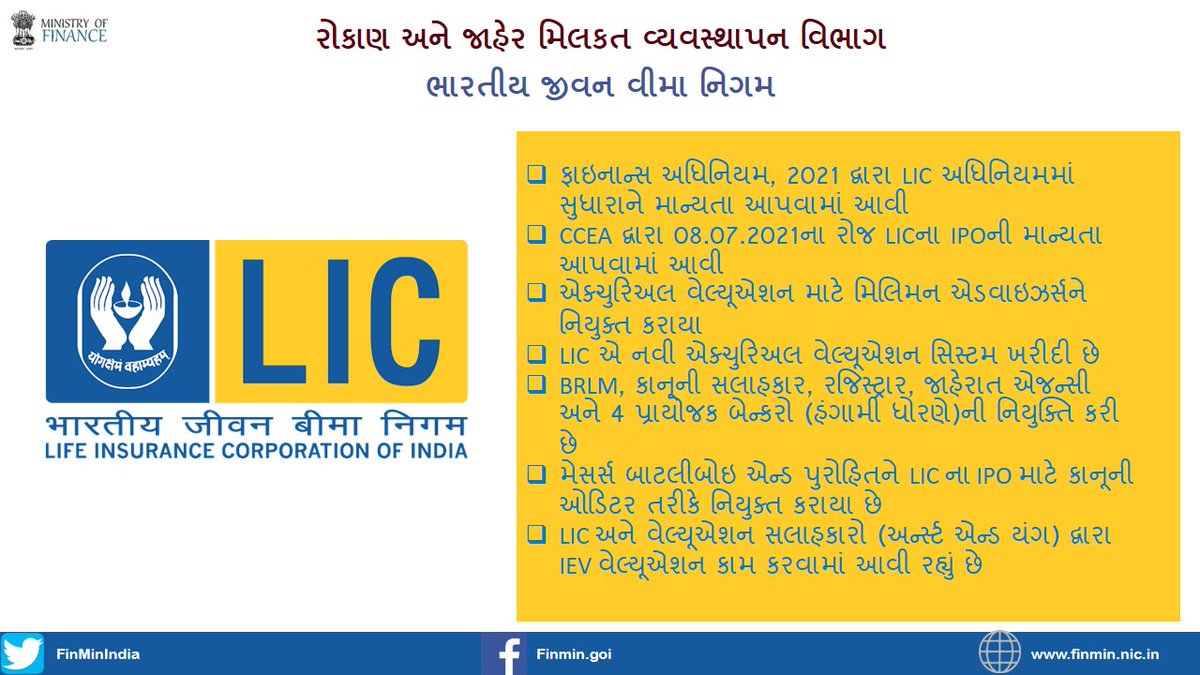 DDNewsGujarati's tweet image. ➡️2021માં રોકાણ અને જાહેર મિલકત વ્યવસ્થાપન વિભાગ (#DIPAM) દ્વારા હાથ ધરવામાં આવેલી મુખ્ય પહેલ

➡️LIC નું લિસ્ટિંગ

#FinMin2021 #Economyrising #Aatmanirbharforgrowth #RefromsforGrowth