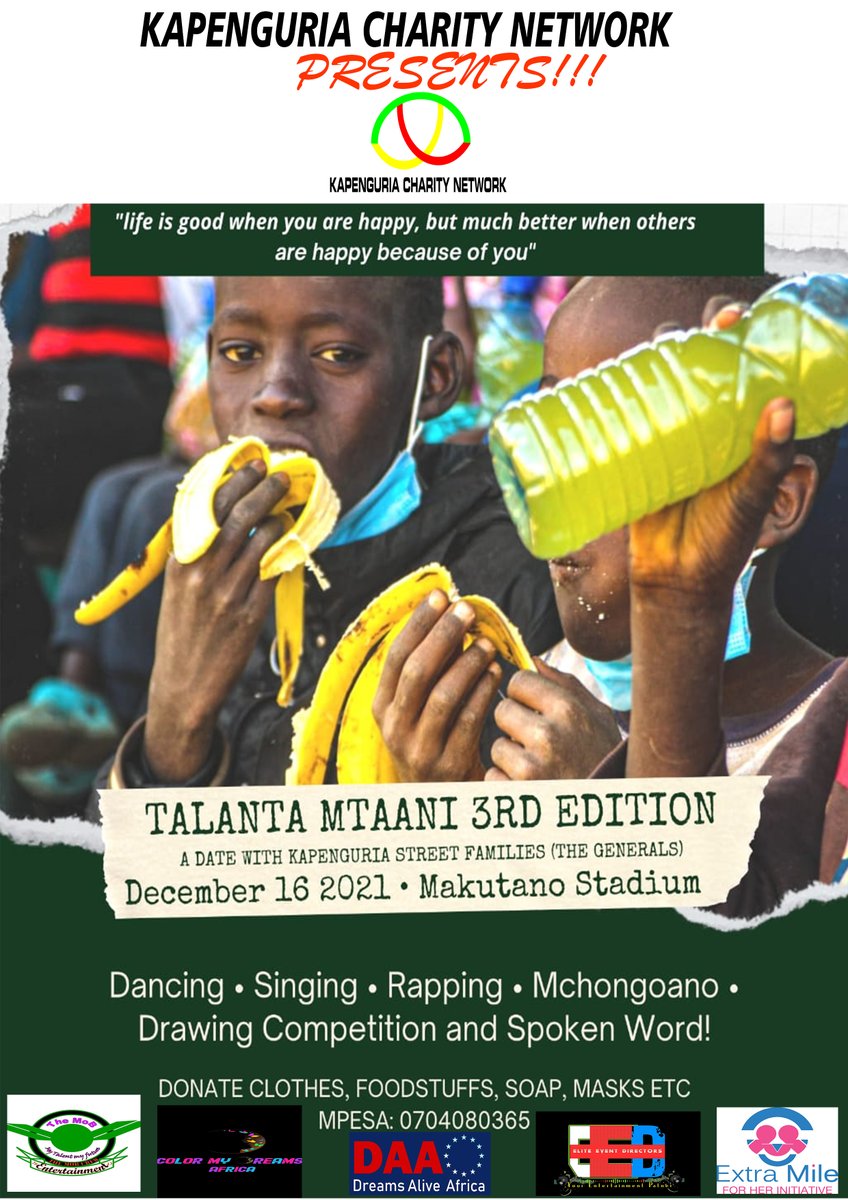 DreamsAliveAfr1's tweet photo. the 3rd edition of #talantamtaani is here with us. Join us tomorrow at Makutano Youth Empowerment Centre as we explore talent from the street, its time we plan for and with them. @DCS_Kenya @WPCGovernment @theirworld @TheMobkenya @KCDF @ChildRKenya @SaveChildren_KE @DSWKenya https://t.co/1to7qzkhP2