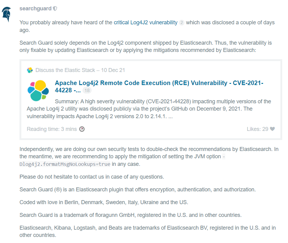 IT_Advantages's tweet photo. @searchguard dépend uniquement du composant #Log4j2 fourni par #Elasticsearch. La vulnérabilité ne peut être corrigée qu'en appliquant les mesures recommandées par Elastic.
#opensource #security #ELK #ElasticStack #searchguard
https://t.co/92EEFgEpdY https://t.co/HjmXqPJ83U