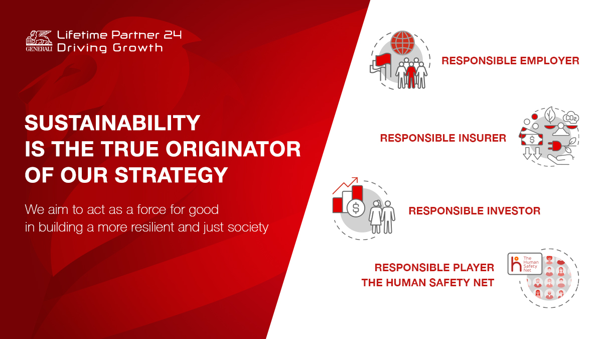 With our new strategic plan 'Lifetime Partner 24: Driving Growth', we will go further in our #sustainability commitment to make a positive social and environmental contribution. #LifetimePartner24 #DrivingGrowth #GeneraliInvestorDay