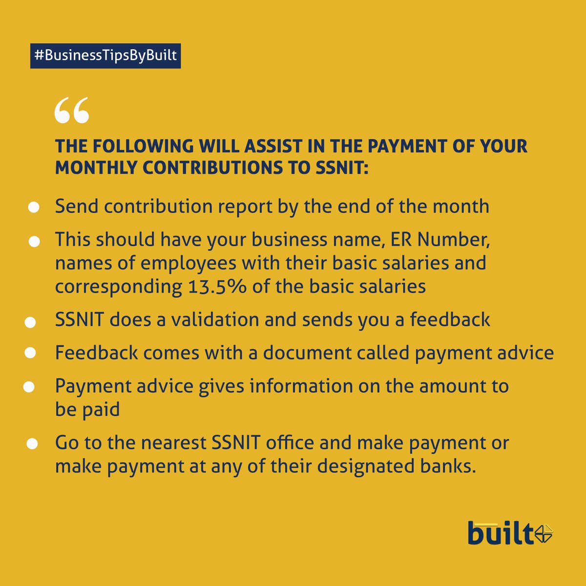 built_africa's tweet photo. On #BusinessTipsByBuilt today, we are looking at the factors to consider in the payment of your monthly contributions to SSNIT. #BusinessTips https://t.co/z159ATQ9OZ