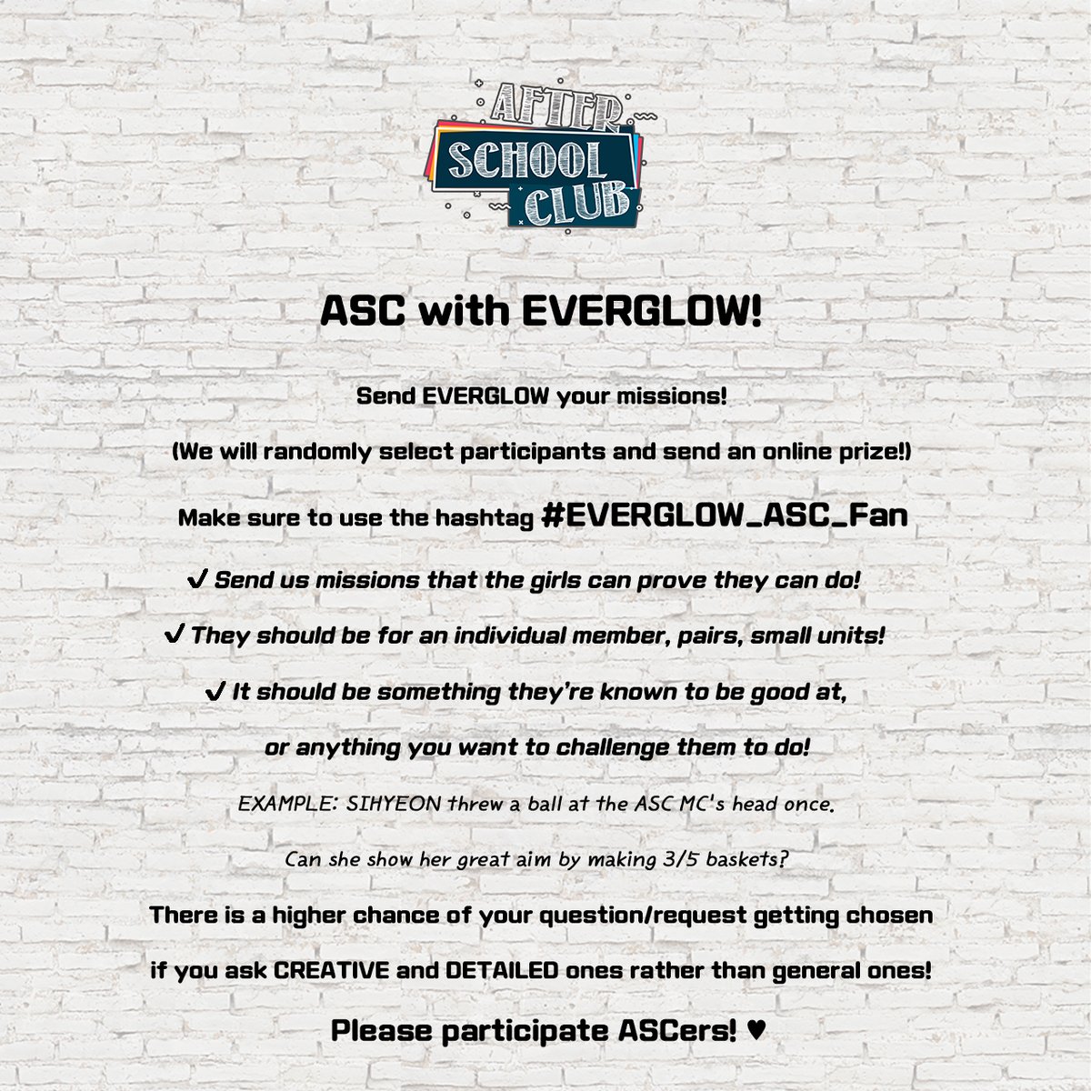 arirang_ASC's tweet photo. Calling all ASCers♥

Send in your missions for @EVERGLOW_STAFF!
Read the following directions and participate :)

#EVERGLOW_ASC
#EVERGLOW_ASC_Fan https://t.co/IFgfMKbHWU