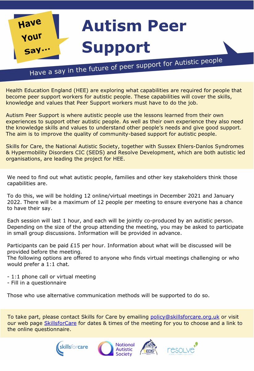 SEDSConnective's tweet photo. Autism Peer support workers
Here is a brand new project funded by Health Education England to learn about the skills, knowledge + values needed by autistic people to work as paid #autism peer supporters. #AutismPeerSupport
Click on this link https://t.co/UJLRDK3q3A https://t.co/qgf9nZ3f6Z