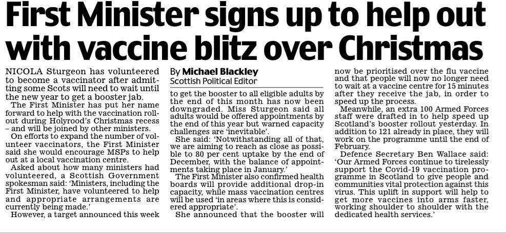 Mike_Blackley's tweet photo. Nicola Sturgeon has volunteered to become a vaccinator - and has urged her ministers and MSPs to do the same. https://t.co/b12bt0gvuW