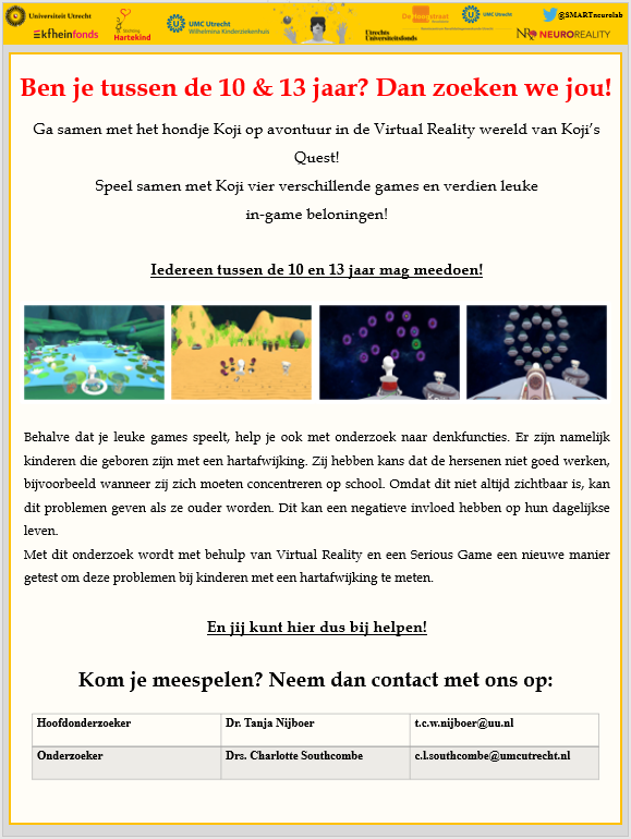 Ben jij tussen de 10 en 13 jaar? 

Ga op #avontuur met het hondje Koji in de #VR wereld van Koji's Quest!

We gebruiken VR &amp; een Serious Game om denkfuncties op een nieuwe manier te testen bij #kinderen met een #hartafwijking.

@FSW_UU <a href="/Hartekind/">Stichting Hartekind</a> <a href="/HetWKZ/">Wilhelmina Kinderziekenhuis</a> <a href="/NeuroReality/">NeuroReality</a>