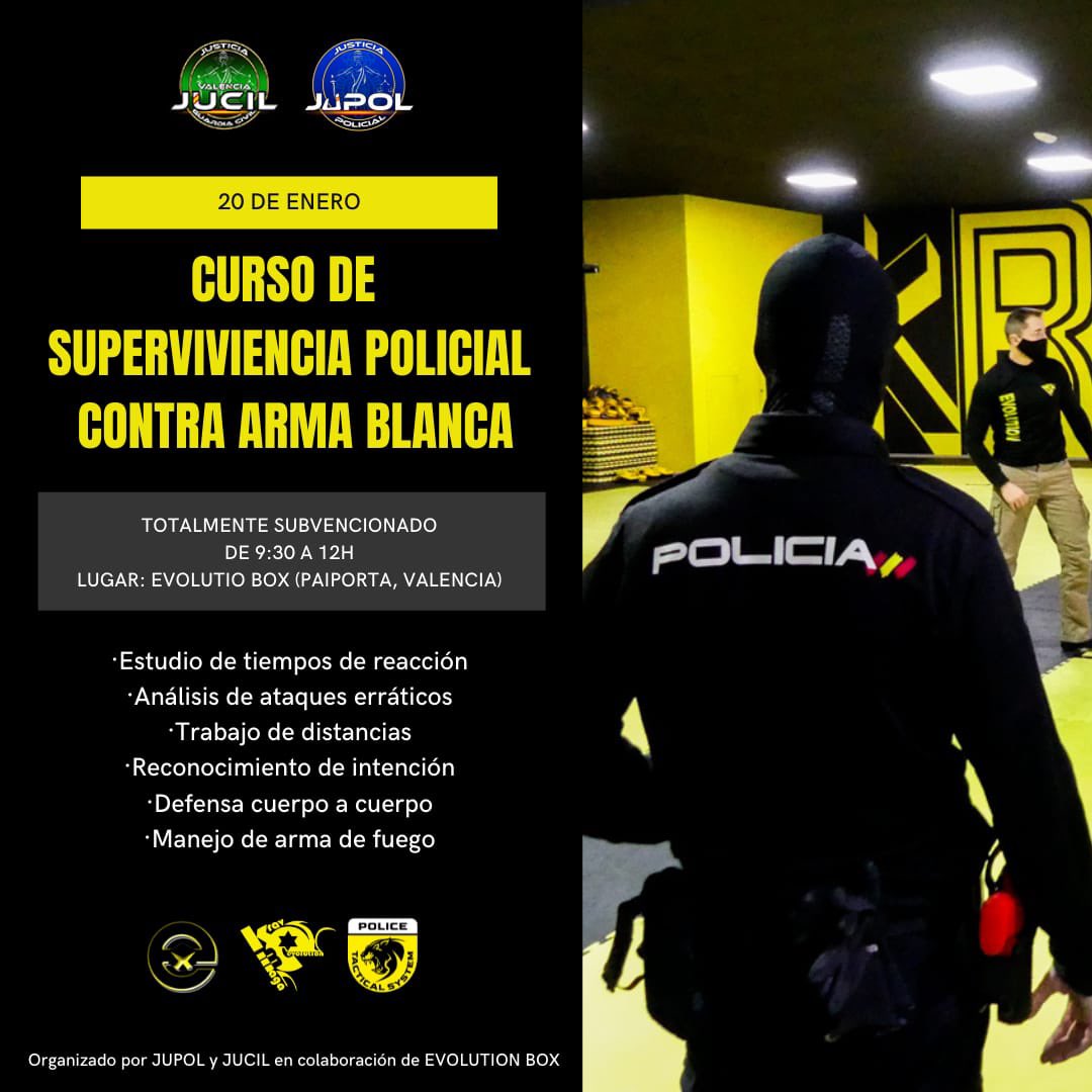 Jupol_Valencia's tweet image. 🔵👮‍♂️🔵
Curso de supervivencia policial contra arma blanca.

➡️Curso para afiliados de  jupol y jucil 
➡️Totalmente subvencionado 
➡️20 plazas 
➡️Exclusivo  para FCSE

Formación es seguridad 💪🏻
#EvolutionBox 

Inscripción 👇🏻 

docs.google.com/forms/d/e/1FAI…
