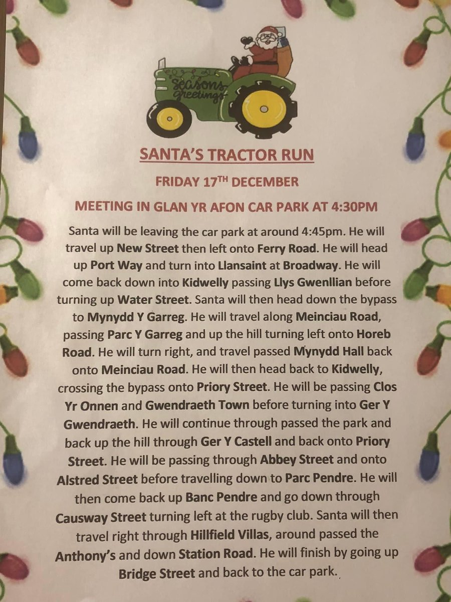 rfc_kidwelly's tweet photo. A welcome return of Santa this coming weekend, The Tractor Run Friday night and Kidwelly Fire Station @KidwellyFireStn assisting his tour of the ancient borough on Sunday and Monday, please come out and cheer him along, details… https://t.co/Pf6LZo36gL