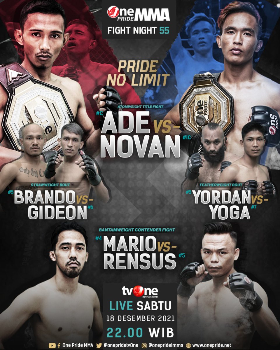 onepride_mma's tweet photo. Full Line-up One Pride Fight Night 55 : Pride No Limit! Di penghujung tahun untuk pertama kalinya One Pride MMA menggelar pertandingan Champion Vs Interim Champion. Saksikan One Pride MMA FN 55, 18 Desember 2021 jam 22.00 WIB hanya di tvOne.
#OneprideMMA #OnepridetvOne #FN55 https://t.co/IQZV912922