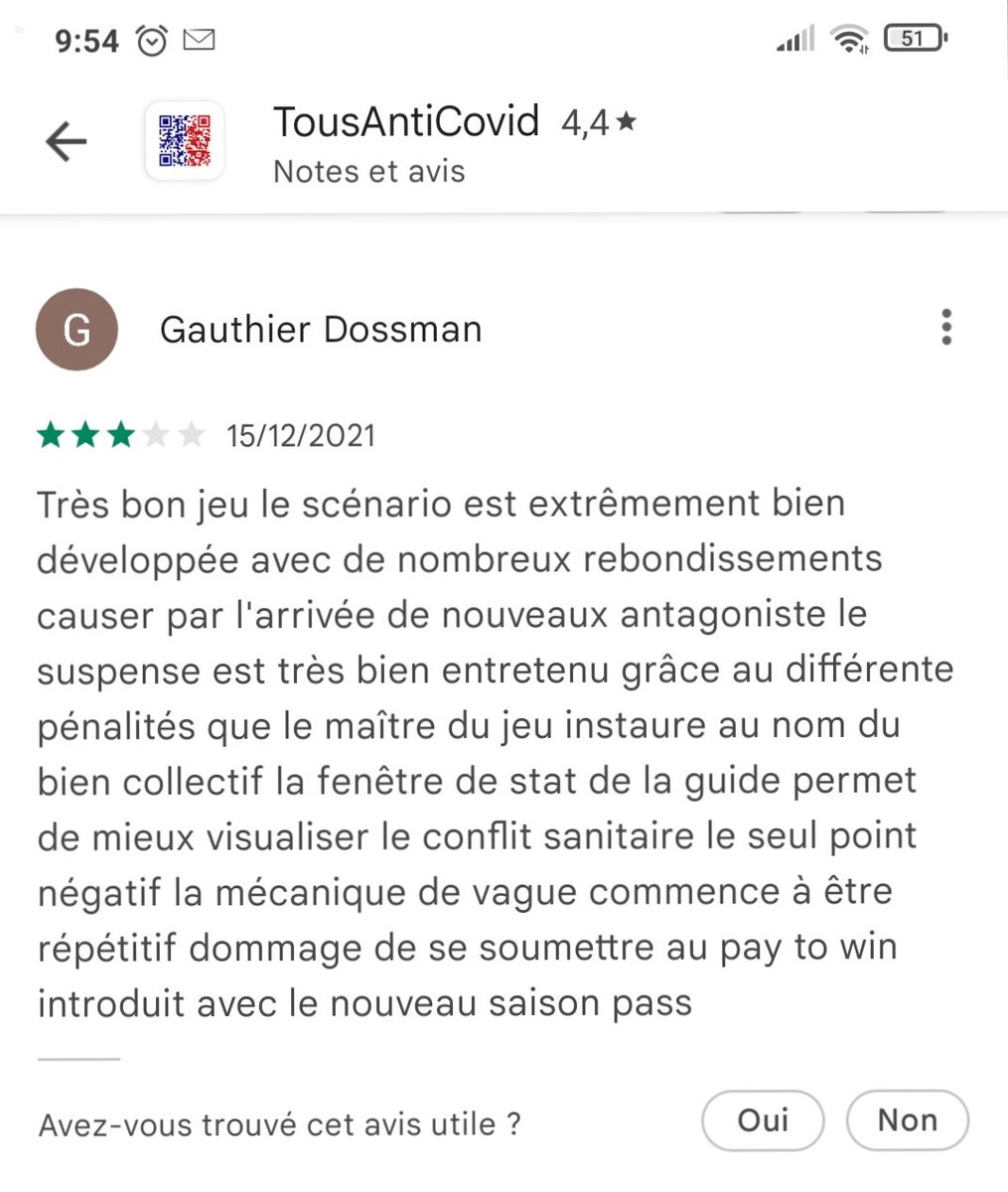 Play_2_Game's tweet photo. Je rêve que cet avis sur l'application TousAntiCovid apparaisse en premier sur GooglePlay. Il faut un maximum de clique sur oui cet avis est utile.
@Raphael_Carlier, toi qui est le maître de l'avis sur @TripAdvisorFR, réalise mon rêve stp. #MakeMyDreamComesTrue https://t.co/cnXlI7od5N